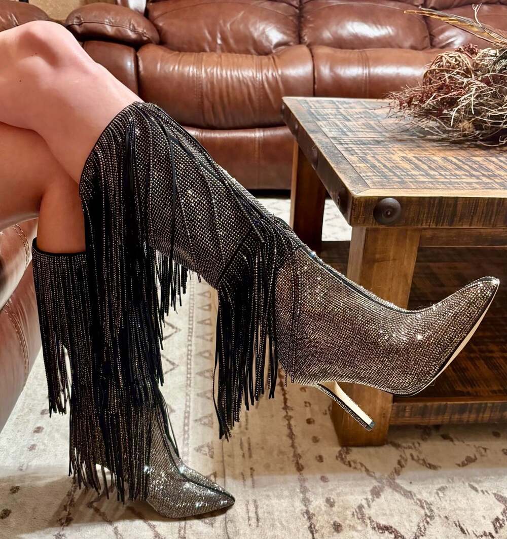 INC International Concepts Ishani Boots Size 8 M Black MC Rhinestone Fringe